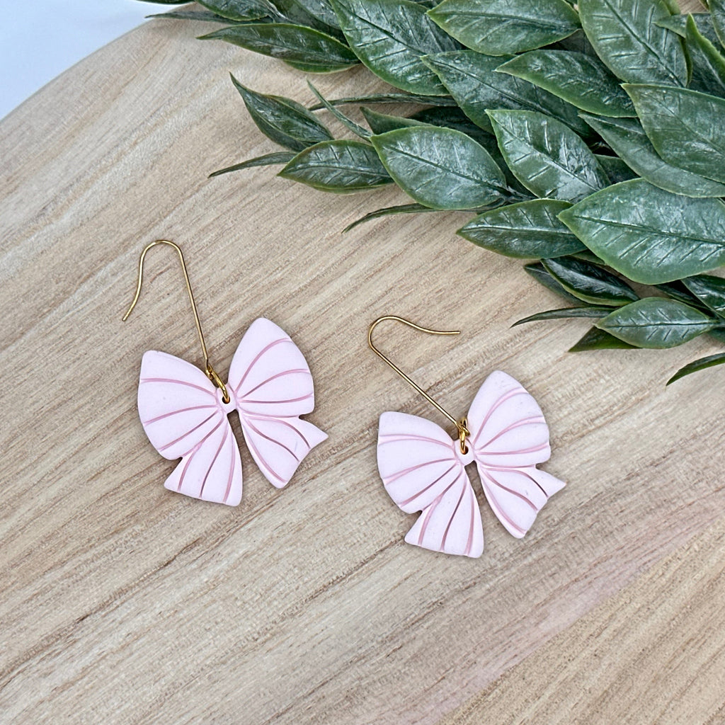 Blush Pink Striped Bow Dangles
