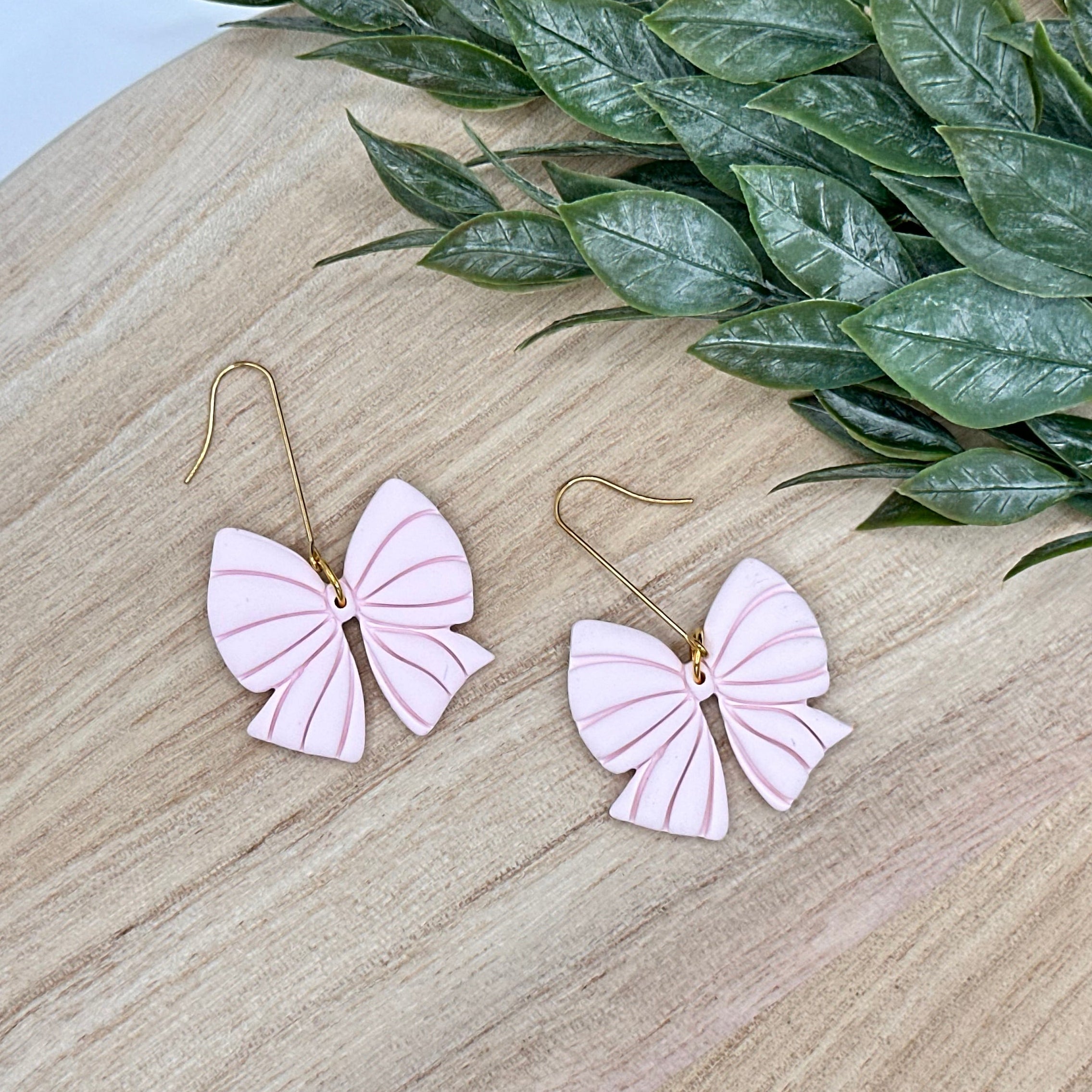 Blush Pink Striped Bow Dangles