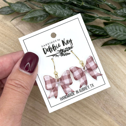 Brown Gingham Bow Earrings