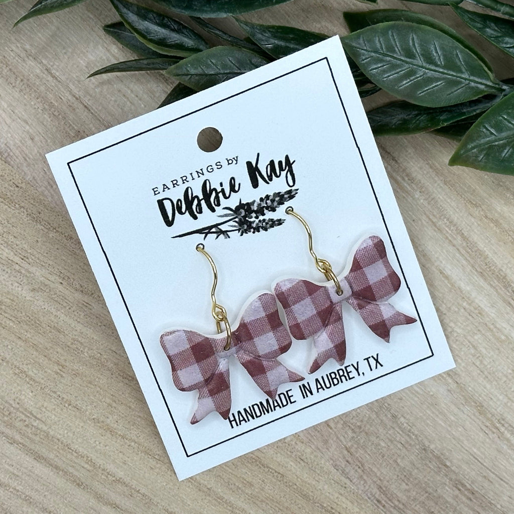 Brown Gingham Bow Earrings