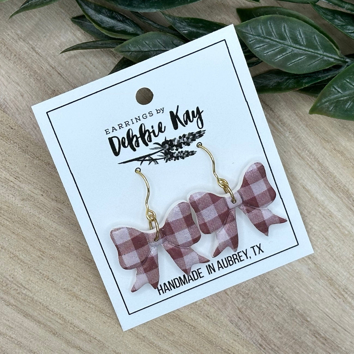 Brown Gingham Bow Earrings
