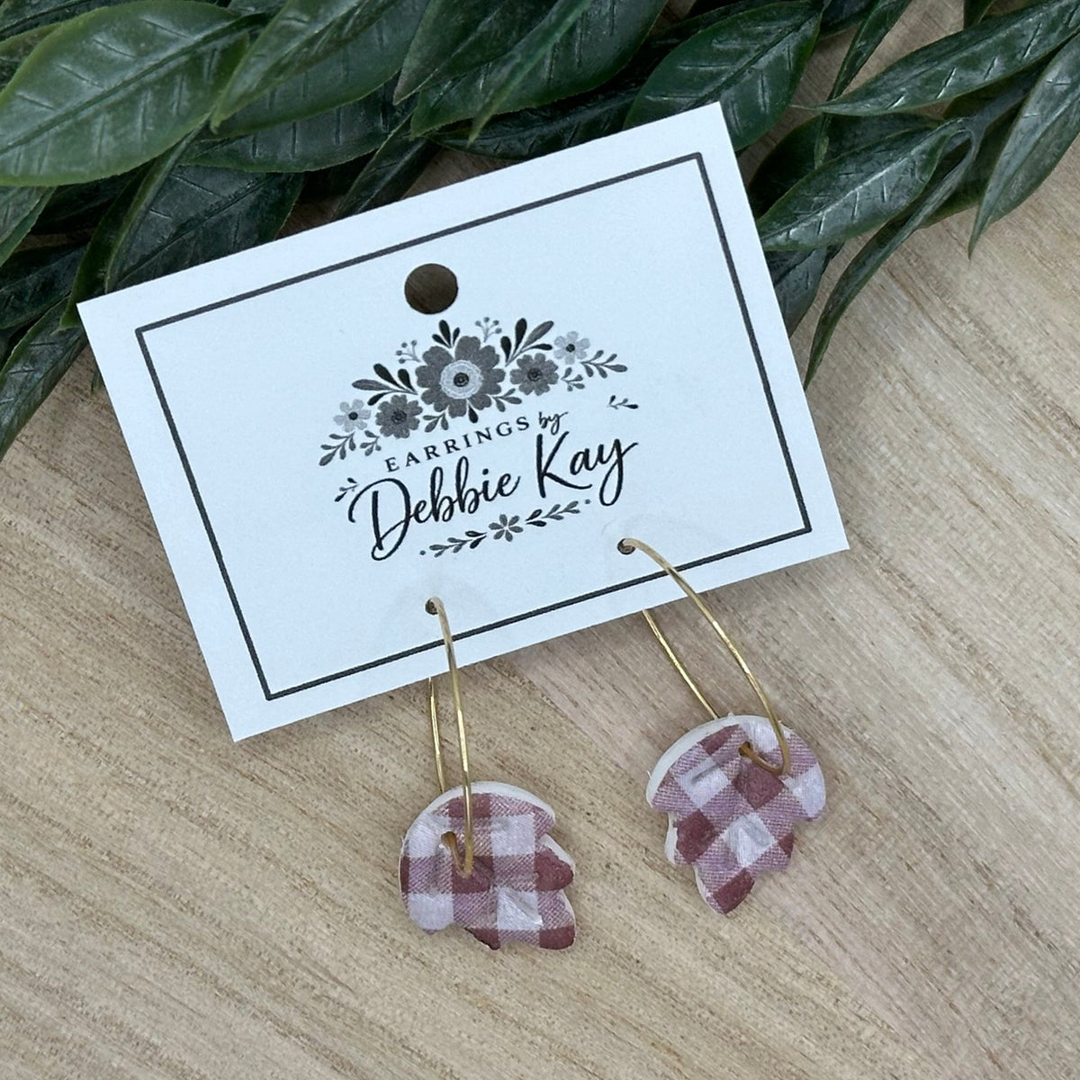 Brown Gingham Leaf Earrings