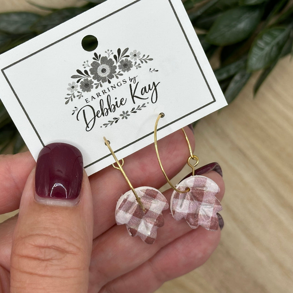 Brown Gingham Leaf Earrings