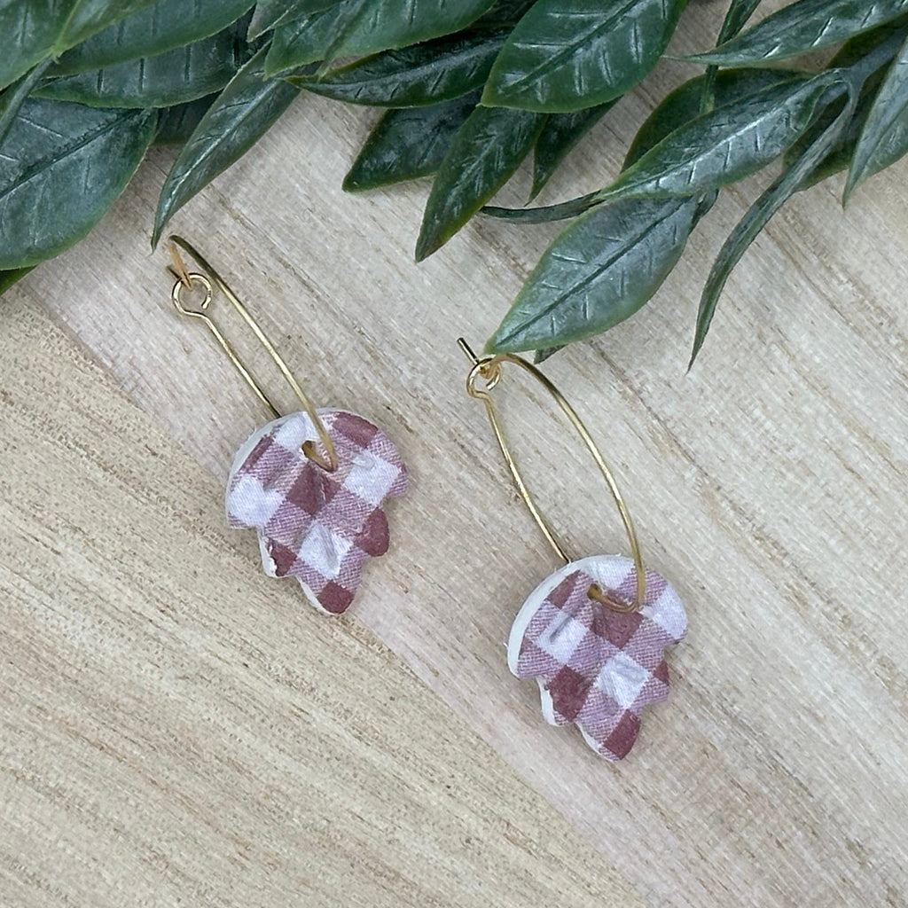 Brown Gingham Leaf Earrings