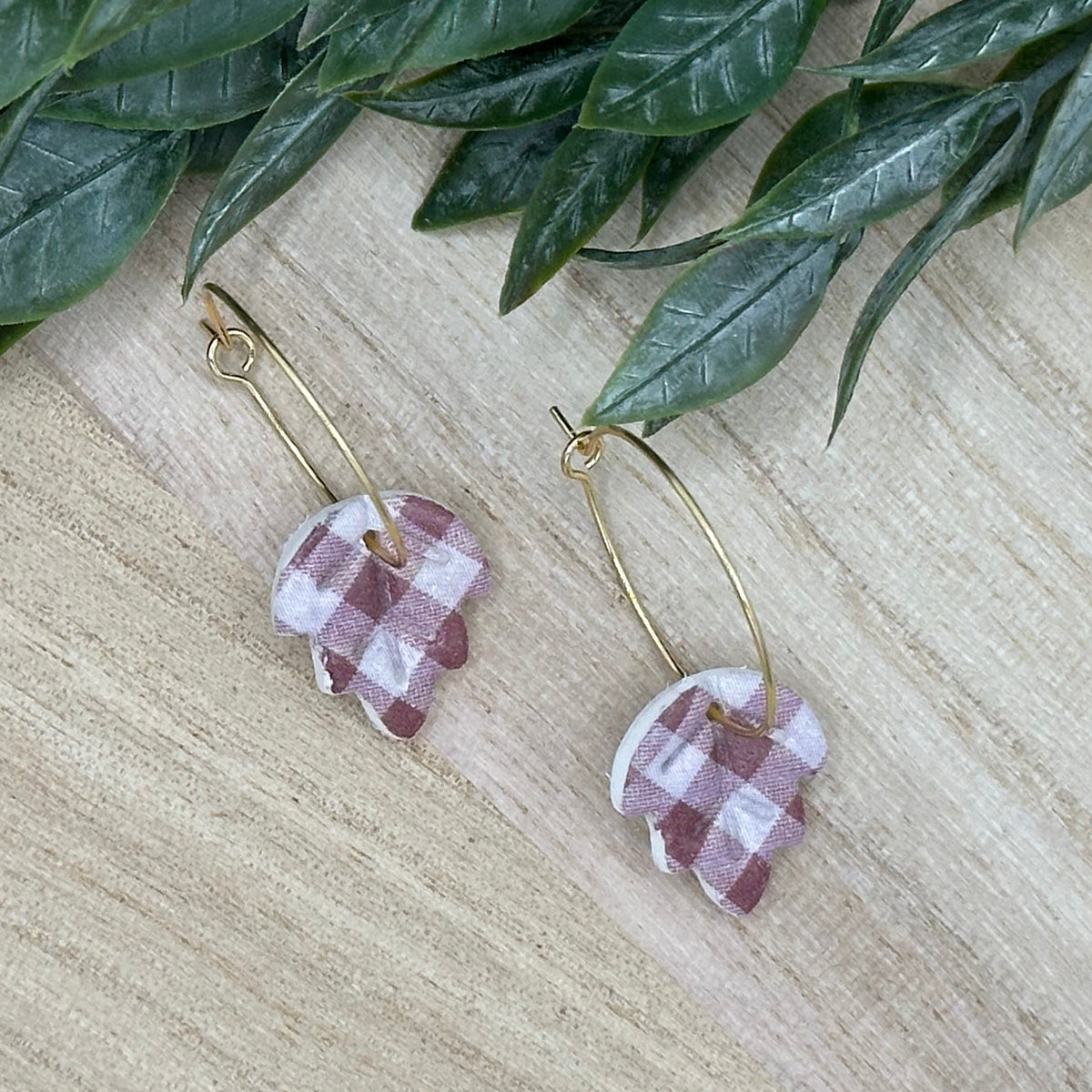 Brown Gingham Leaf Earrings